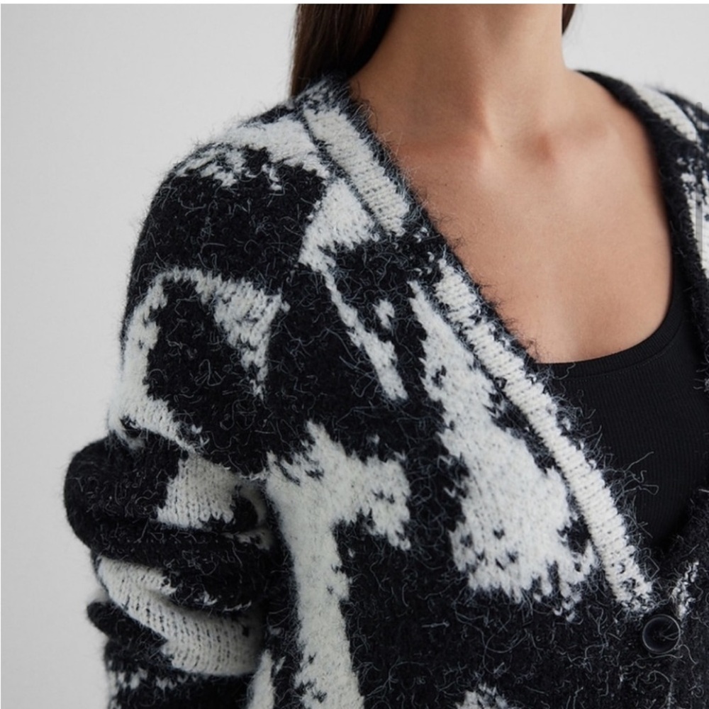 Express London Abstract Print Fuzzy Knit Cardigan Sweater - Size Medium